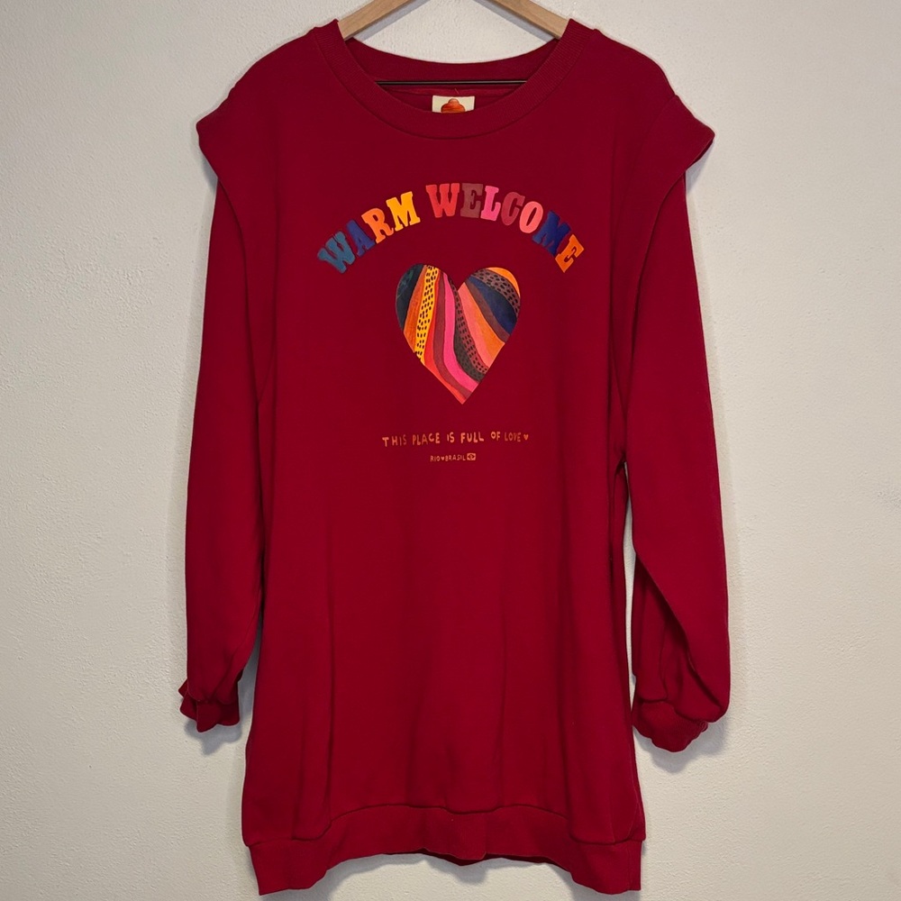 Farm Rio Warm Welcome Crewneck Sweatshirt Dress XL Long Sleeve Red Ruffle Sleeve